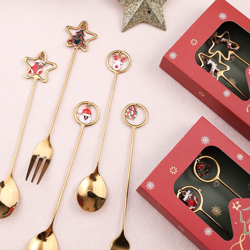 Christmas Spoon Suit Christmas Gift Tableware Two-Piece Dessert Spoon Fork Santa Elk - Image 4